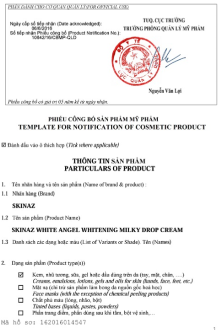 Giấy công bố sản phẩm được phép lưu hành tự do tại Việt Nam của Bộ Y Tế cấp phép